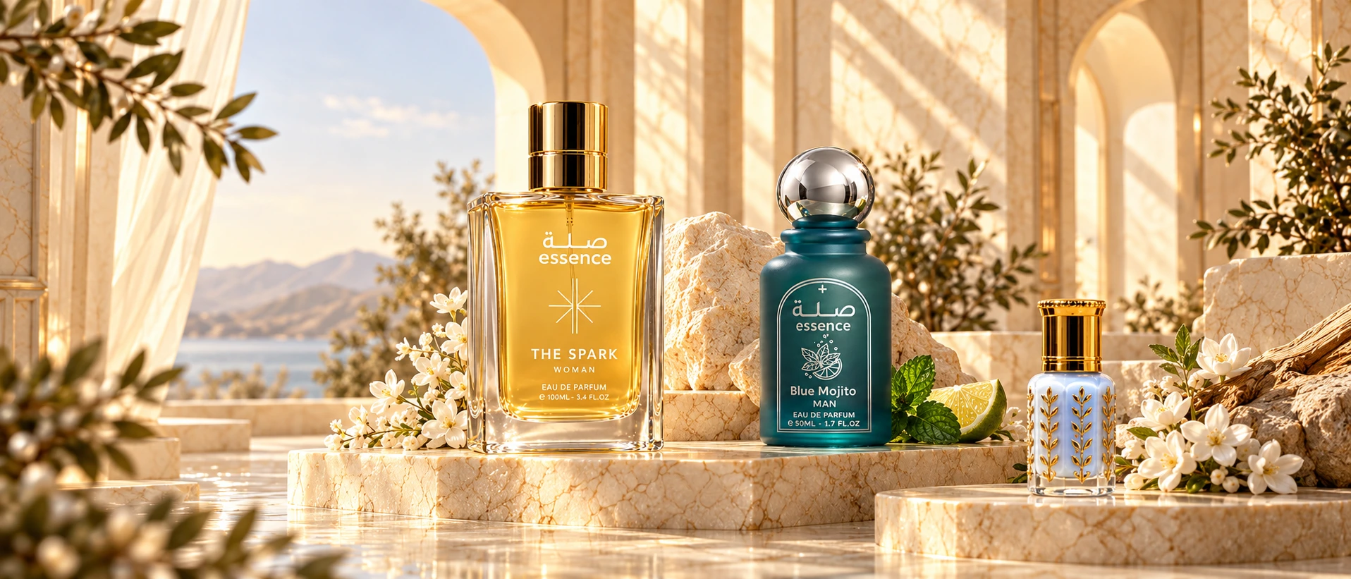 THE SPARK وBLUE MOJITO وROYAL MUSK على منصات رخامية